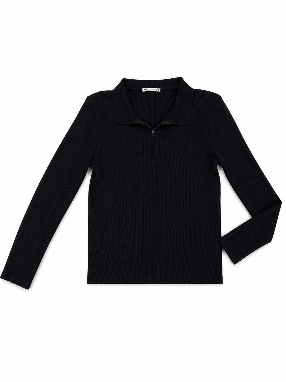 Zara — Buzo negro polo half-zip acanalado manga larga