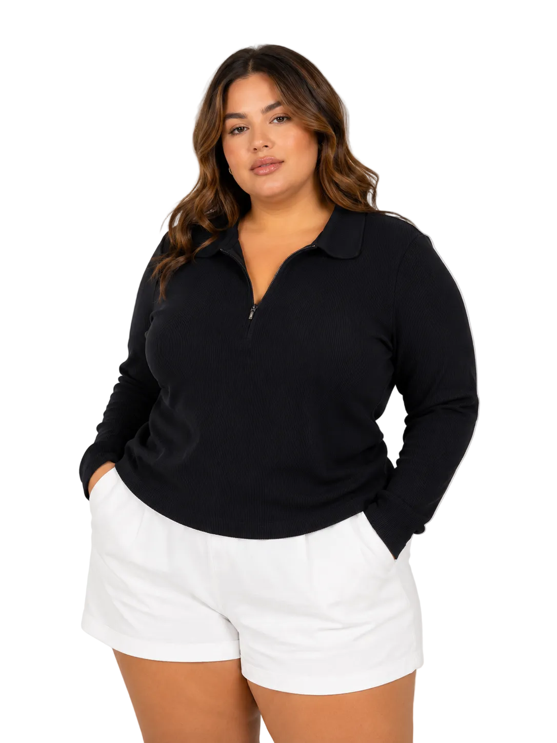 Zara — Buzo negro polo half-zip acanalado manga larga