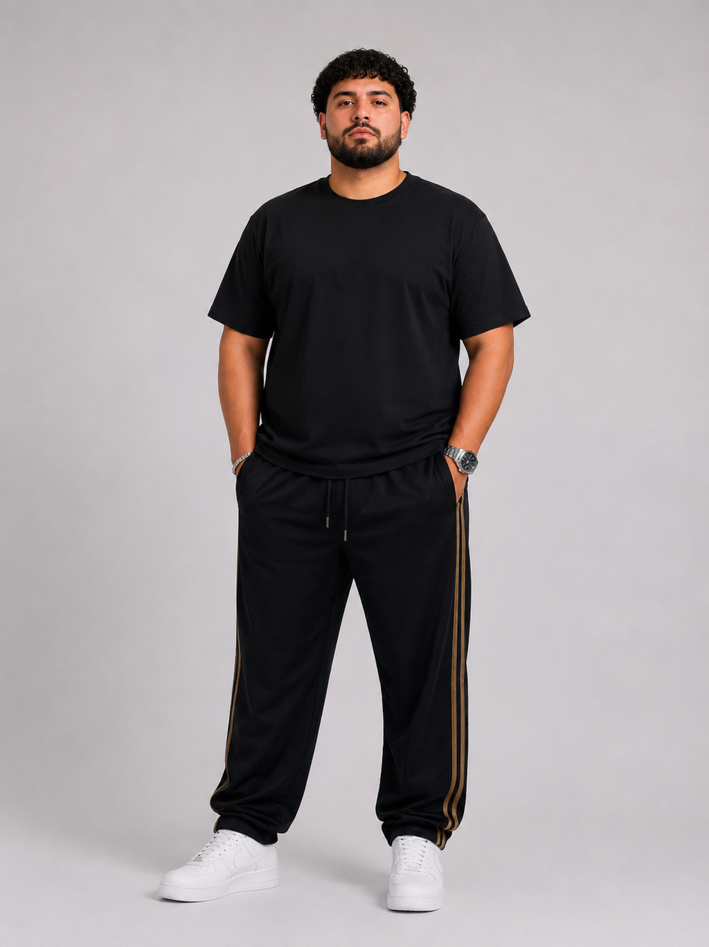 Sudadera Adidas Negra Franjas Doradas