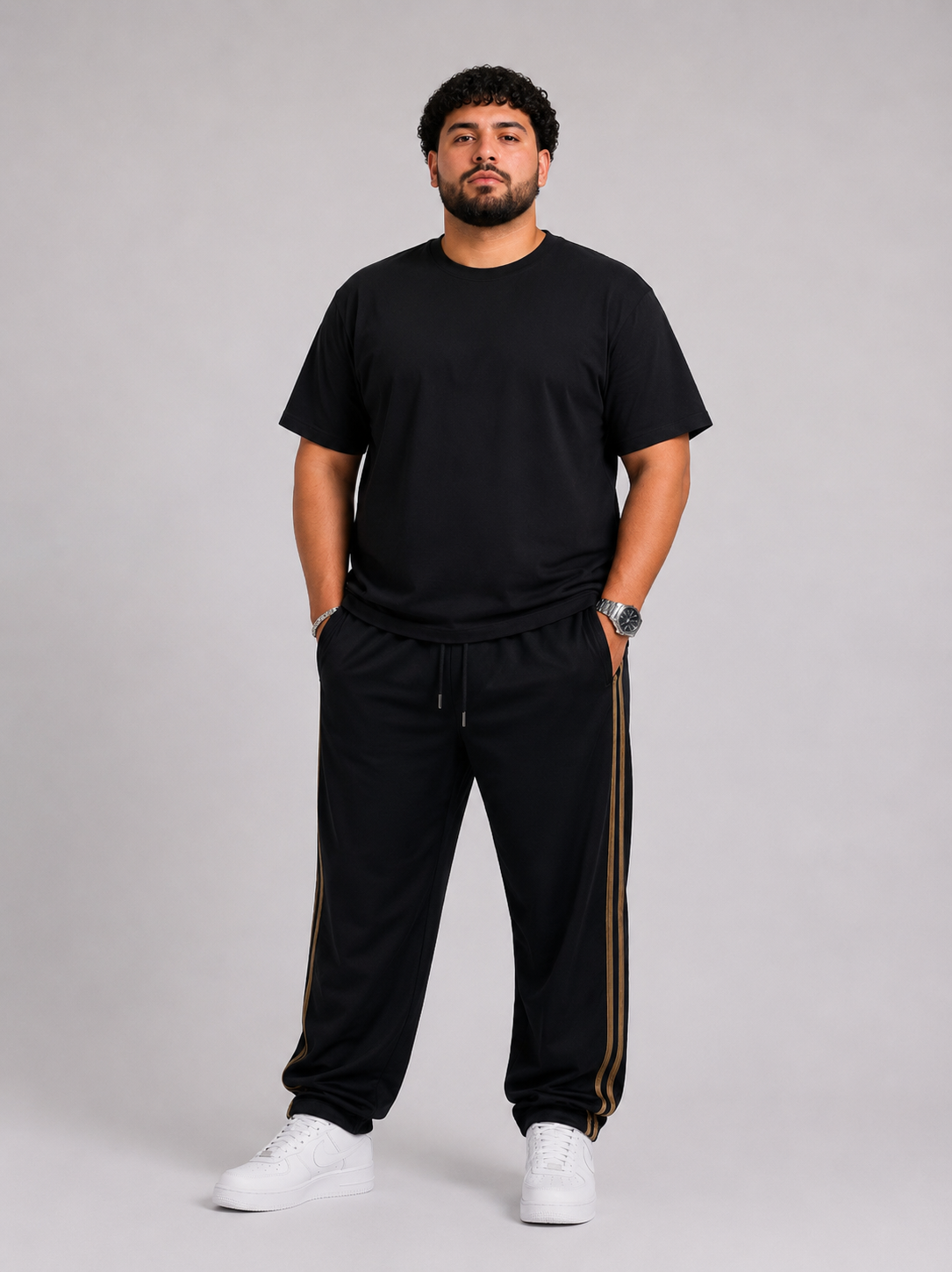 Sudadera Adidas Negra Franjas Doradas