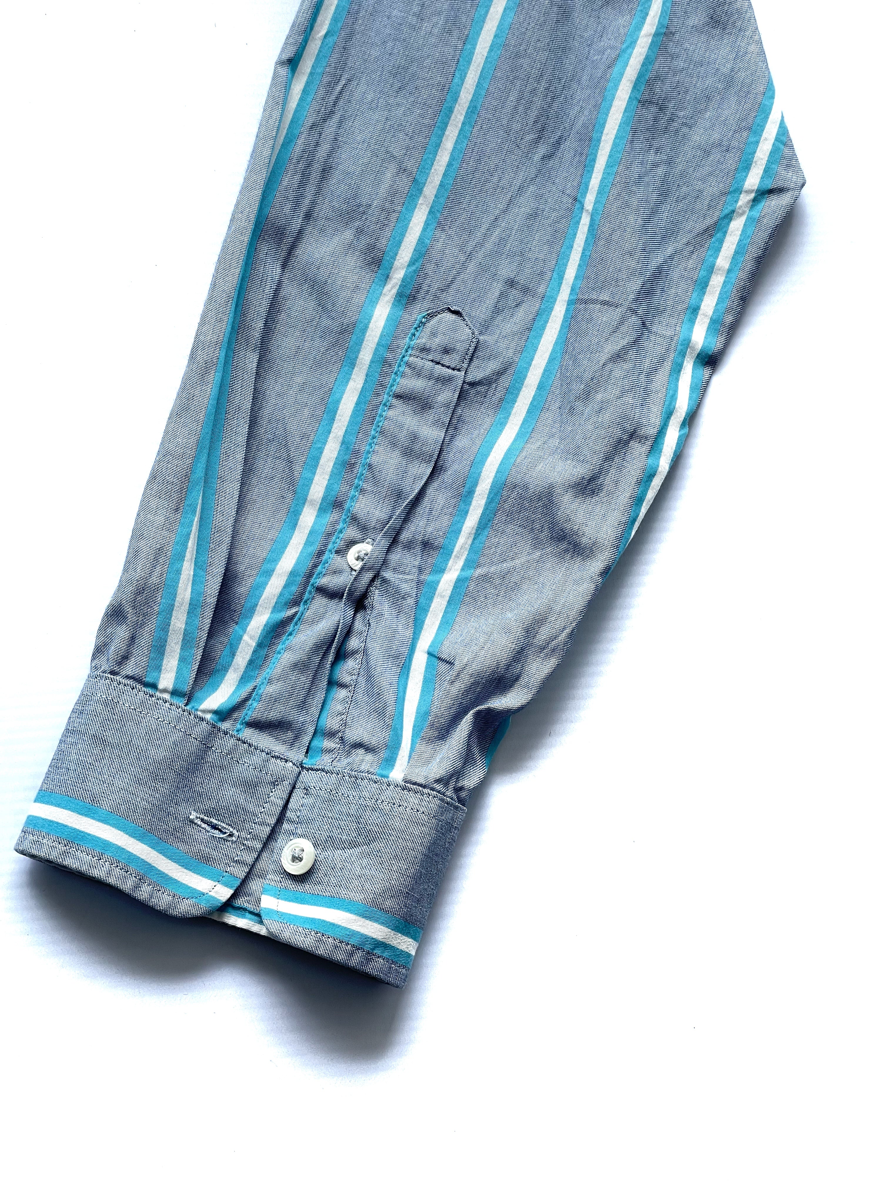 Mango Camisa Rayas Gris y Turquesa