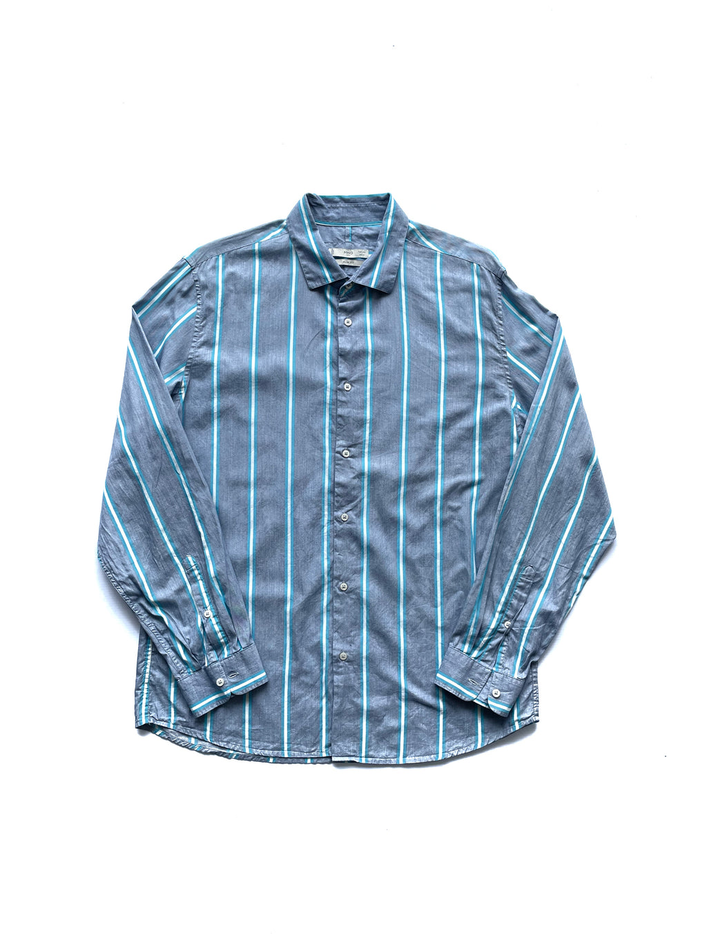 Mango Camisa Rayas Gris y Turquesa