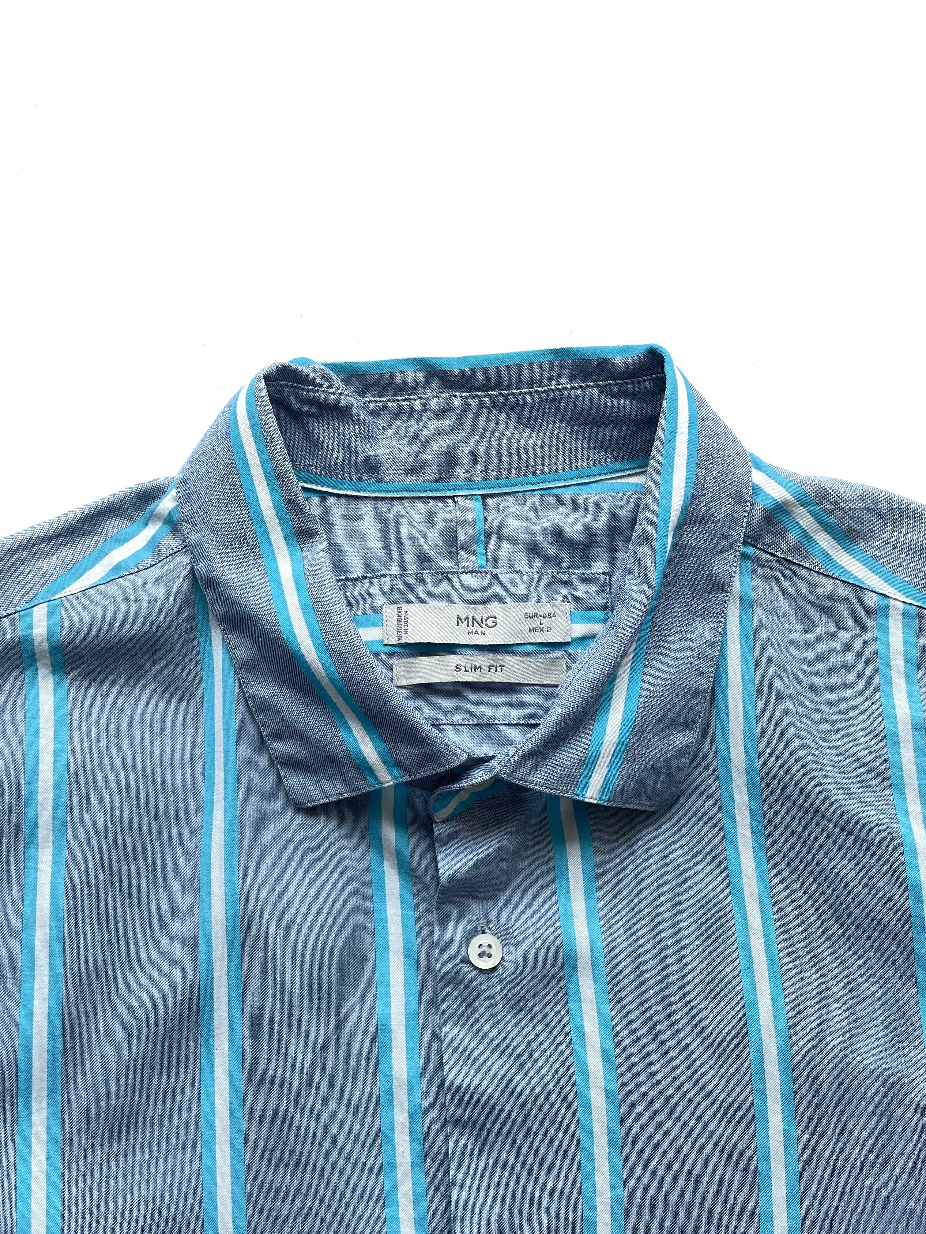 Mango Camisa Rayas Gris y Turquesa