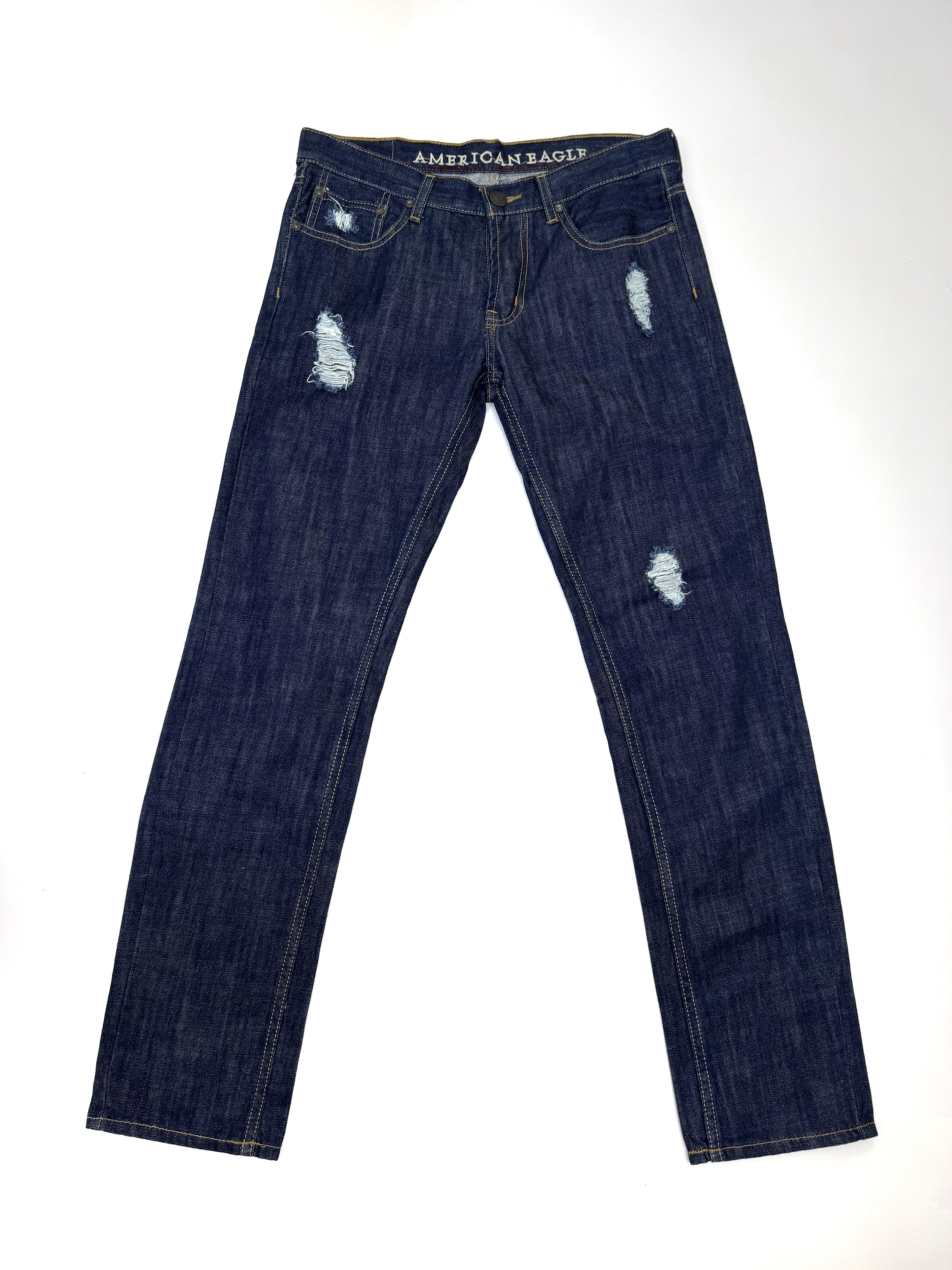 American Eagle Slim Straight Jean Azul Oscuro con Rotos